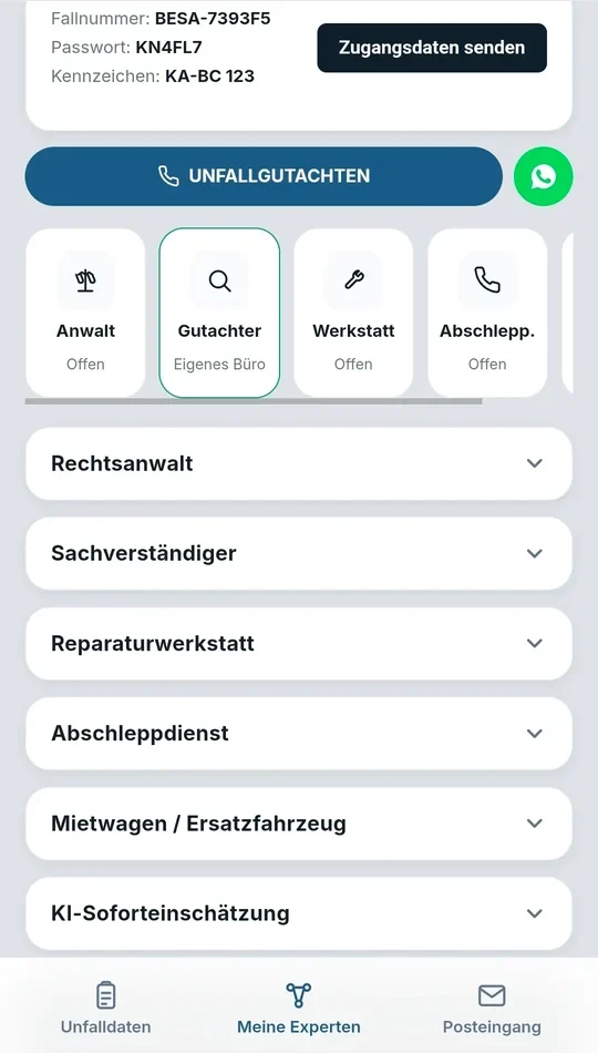 Übersicht der zugeordneten Experten von Anwalt bis Mietwagen