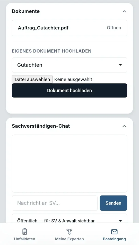 Posteingang mit Dokumenten und dem Chat zum Sachverständigen